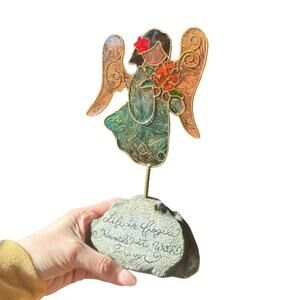 Stained Glass Angel Figurine Faux Rock Base Inspirational Quote 7" Sun Catcher‎
